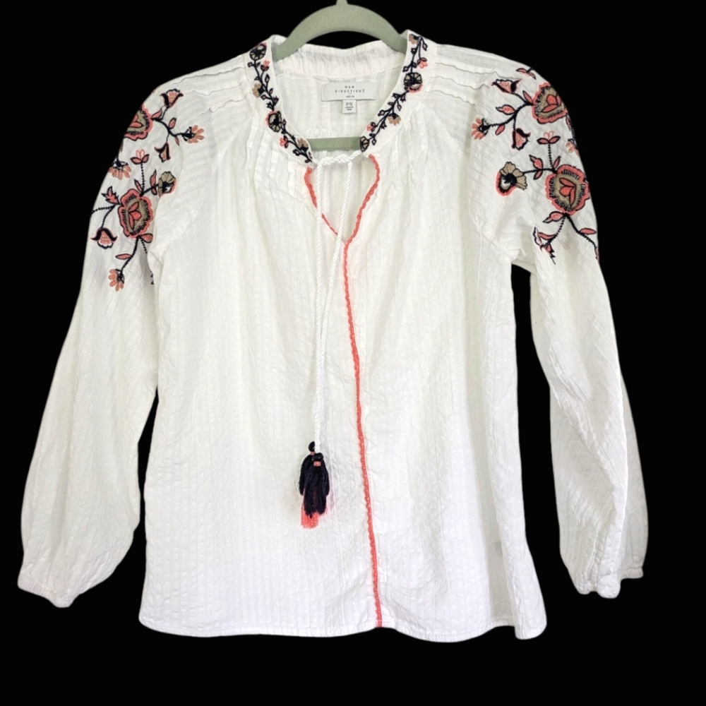 New Directions Boho‎ Top Womens Petite Smal White Embroidered Cotton Peasant